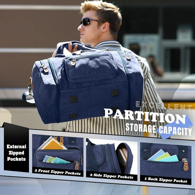 60L Expandable Canvas Duffle Bag Blue Travel Weekender Overnight Carry On6