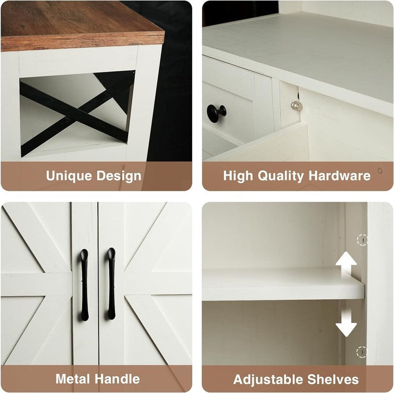 Farmhouse White Storage Cabinet with Doors and Drawers, Freestanding Kitchen Pan6