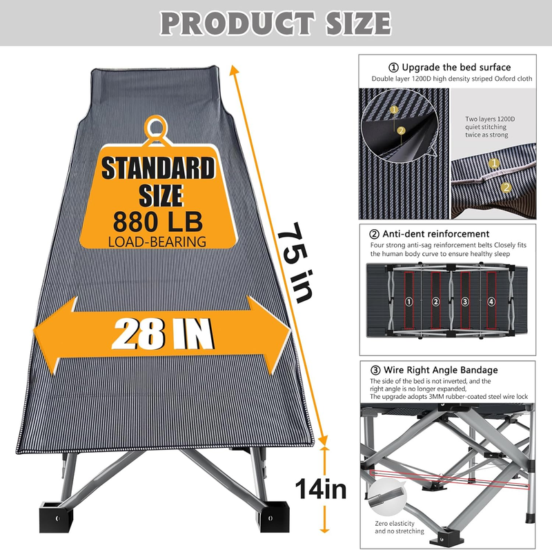 Camping Cot 2PK Heavy Duty 28" Wide Folding Bed 1200D Oxford w/ Mat Carry Bag5