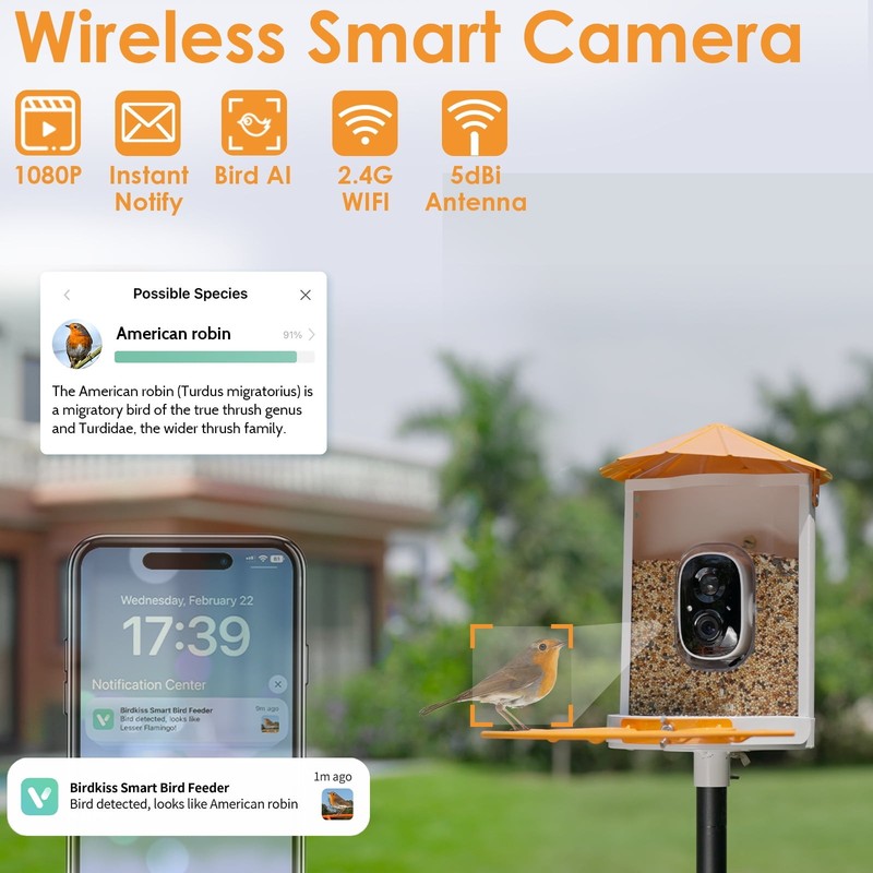 Smart Bird Feeder w Camera Metal Squirrel-Proof AI ID Solar Panels Orange7