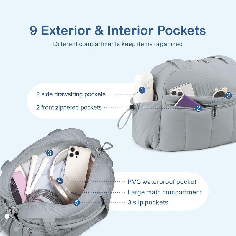 Travel Duffel Bag Women Puffer Gym Weekender Wet Pocket Carry On Light Grey5