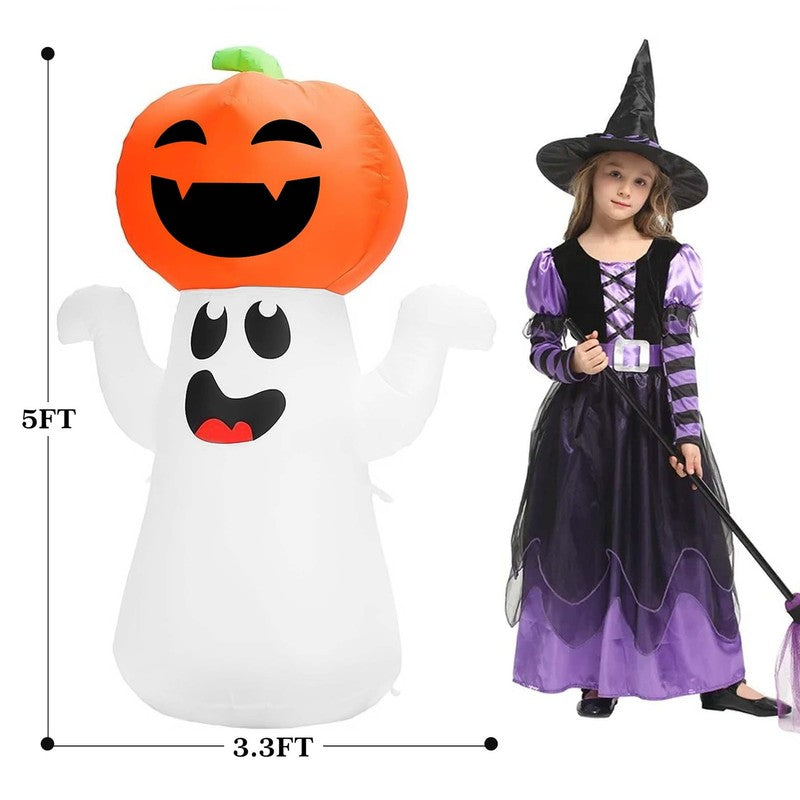 5Ft Halloween Inflatable Pumpkin Ghost w/ 360° Colorful LED Lights Yard Decor5