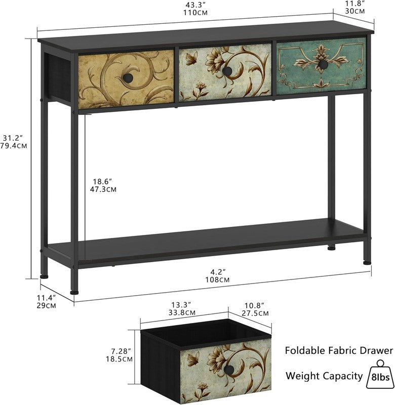 Black Entryway Console Table Boho Farmhouse Sofa Table 3 Fabric Drawers Shelf1