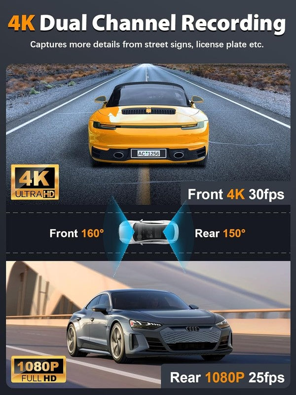 4K+1080P Dual Dash Cam Front Rear w/ 64GB Card WiFi Night Vision Parking1