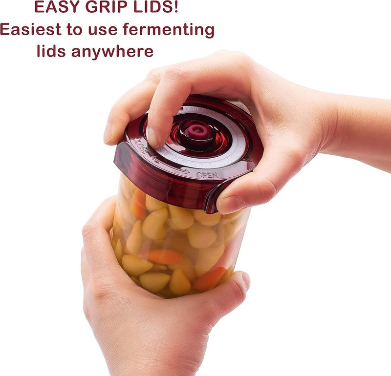 4 Waterless Fermenting Lids for Mason Jars + Pump, Tracks Date, Easy Grip4