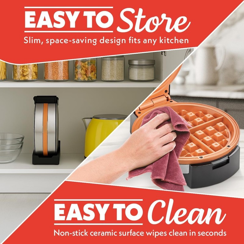 Belgian Waffle Maker Compact Nonstick Ceramic Adjustable Browning Steel4