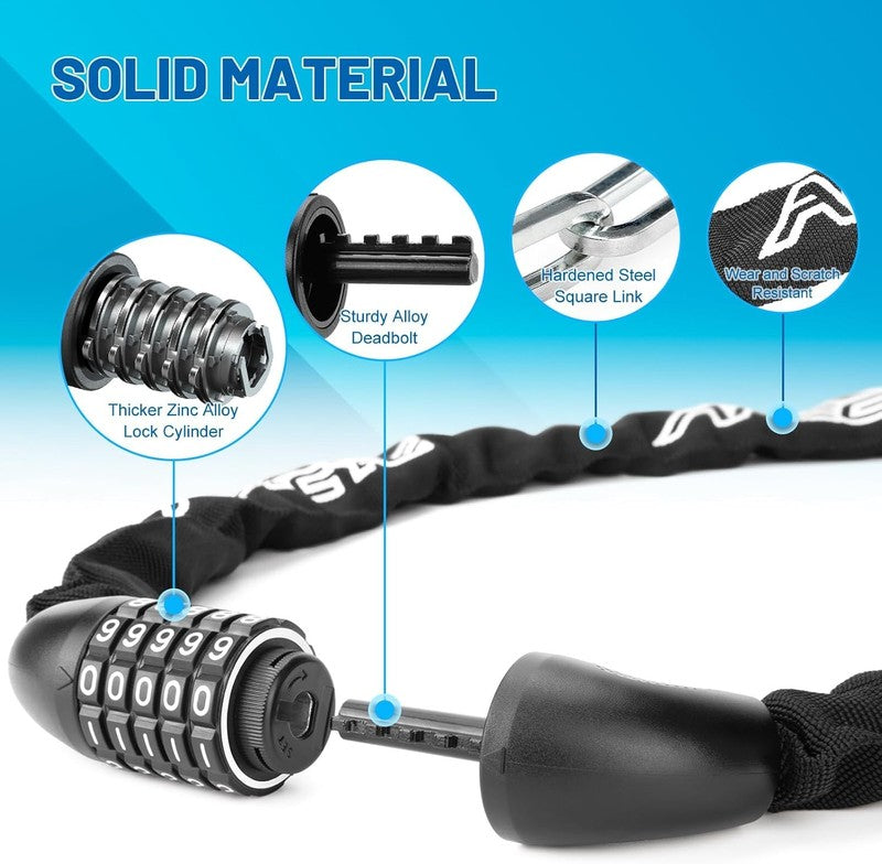 Bike Chain Lock 5-Digit Combo Heavy Duty Anti-Theft 3FT for Bike & Gate4