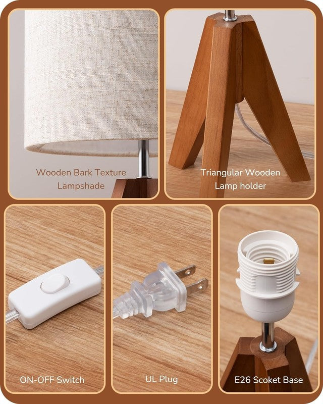 Tripod Table Lamp Small Bedside Lamp Linen Shade Wood Base 14.2in E264