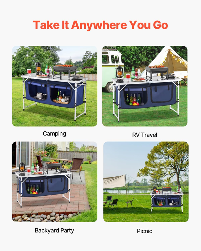 Camping Kitchen Table Folding Adjustable Height Cooking Station Aluminum Blue6