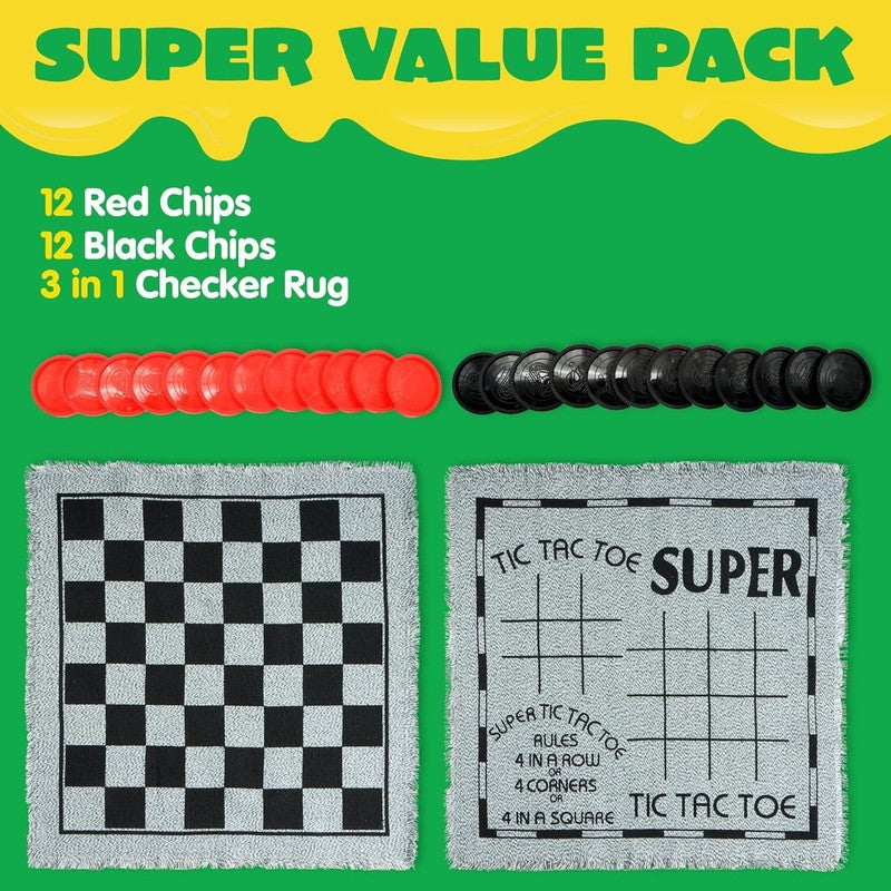 3-In-1 Vintage Giant Checkers, Tic, Tac, Toe, with Reversible Mat, 24 Chips, Fam1