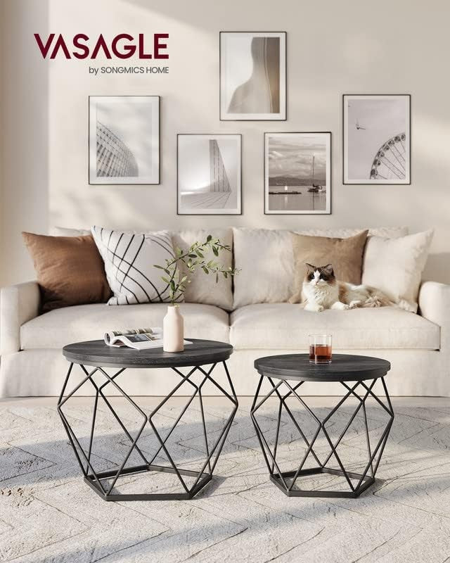 Small Round Coffee Table Set of 2 Steel Frame Side End Tables Gray Black1