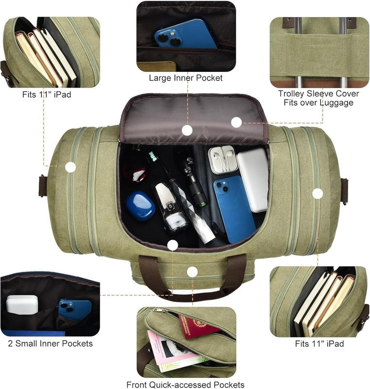 50L Canvas Duffle Bag Army Green w/ Toiletry Bag Travel Gym Weekender Carry On3