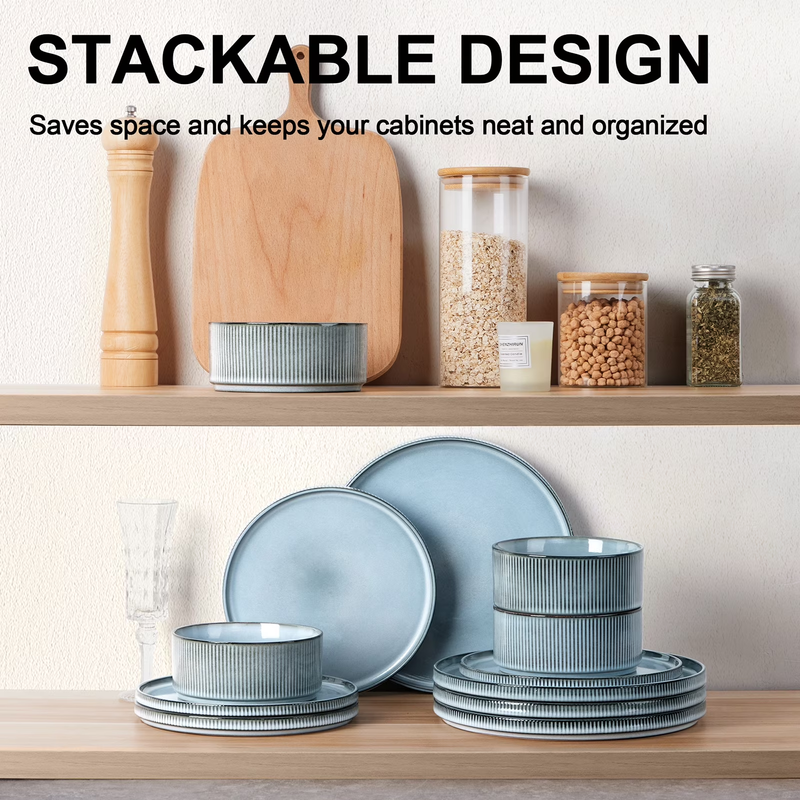 12Pc Stoneware Dinnerware Set for 4 Ribbed Plates Bowls Smoky Blue6