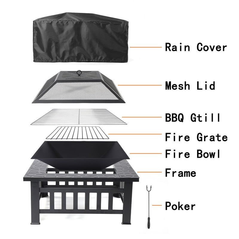 32" Outdoor Fire Pit Table Wood Burning w/ Lid, Poker, BBQ Net, Ice Tray, Black8