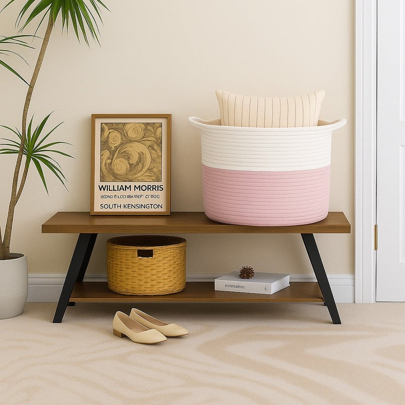 80L Collapsible Cotton Laundry Basket w/ Handles – White & Pink4