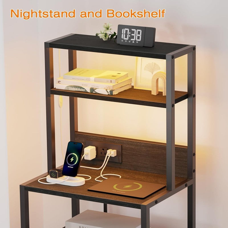 Tall Nightstand 4 Tier w/ 2 Fabric Drawers & Charging Station Black Oak3