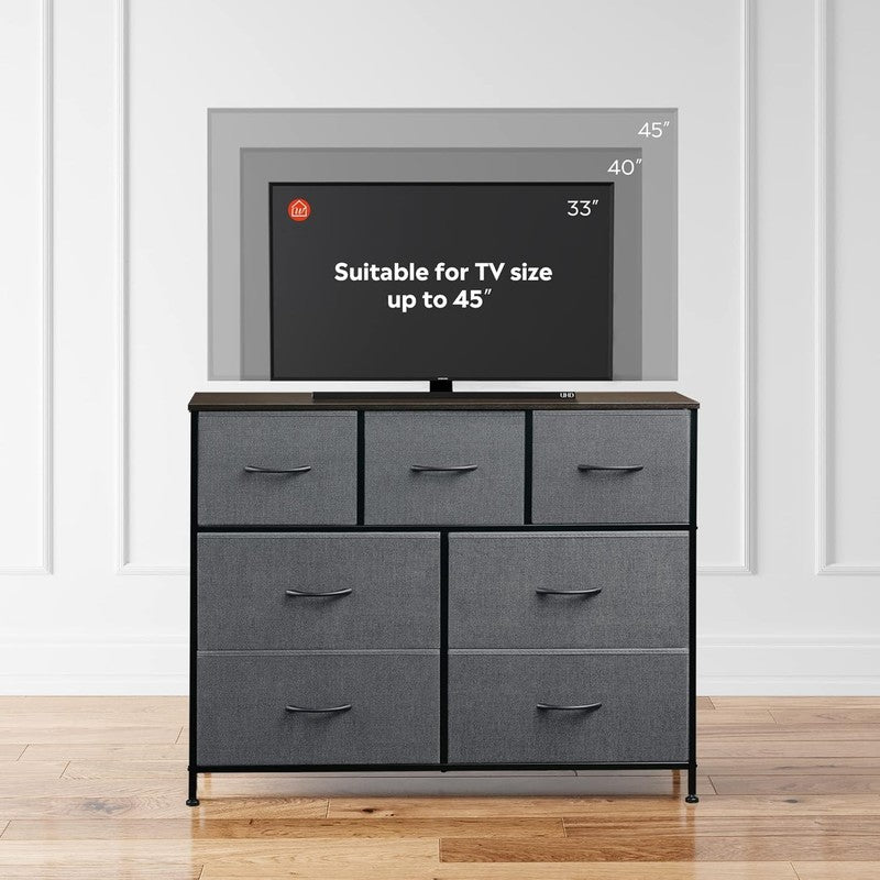 7 Drawer TV Stand Dresser Dark Grey Metal Frame Wood Top Storage Chest5