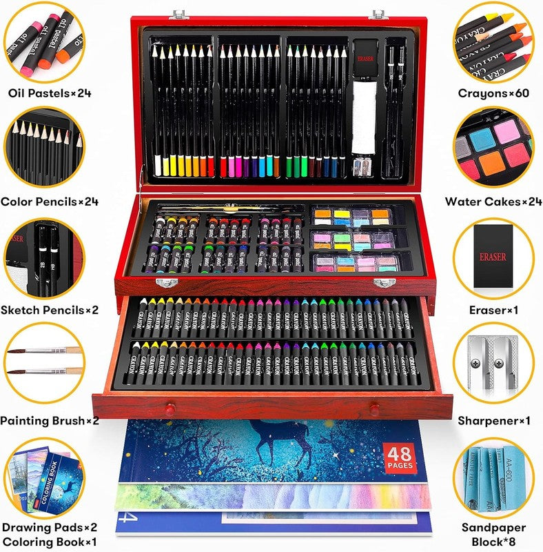 Art Supplies, 150-Pack Deluxe Wooden Art Set Crafts Drawing Painting Kit with 2 1