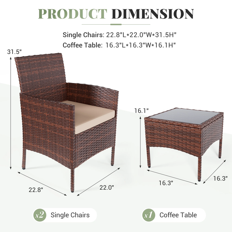 3 Pc Outdoor Patio Furniture Set Wicker Rattan Bistro Coffee Table Beige3
