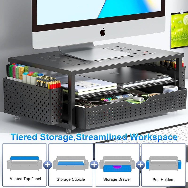 Stylish Black Desk Organizer with Monitor Stand, Drawer & 2 Pen Holders2