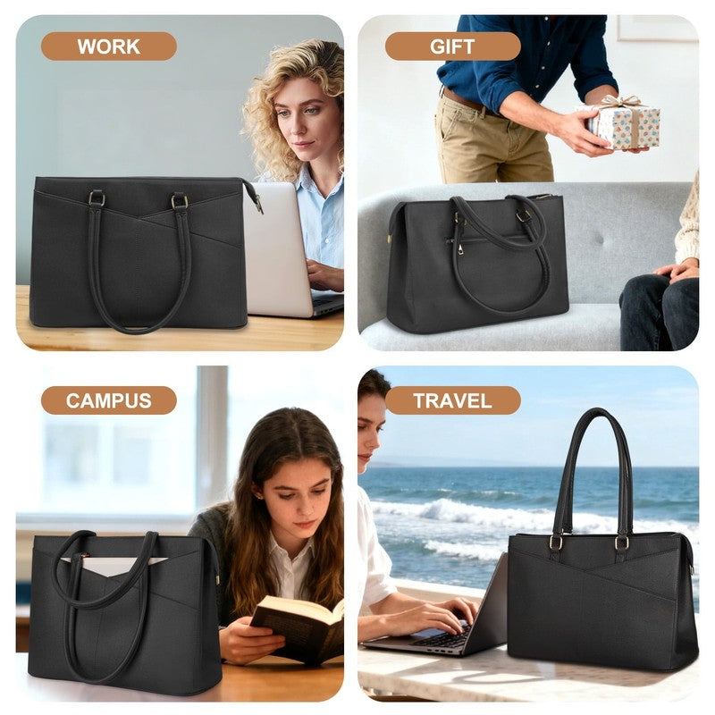 15.6 Inch Leather Laptop Tote Bag Waterproof Work Office Briefcase Black4