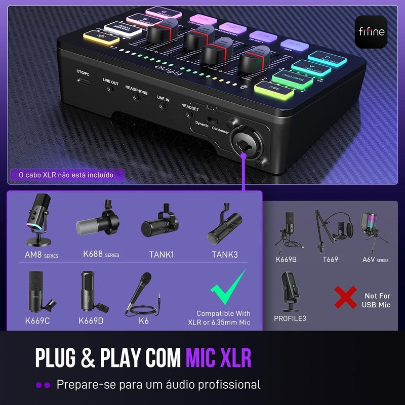 Gaming Audio Mixer RGB PC Mixer with XLR Mic, Volume Fader, Phantom Power SC36