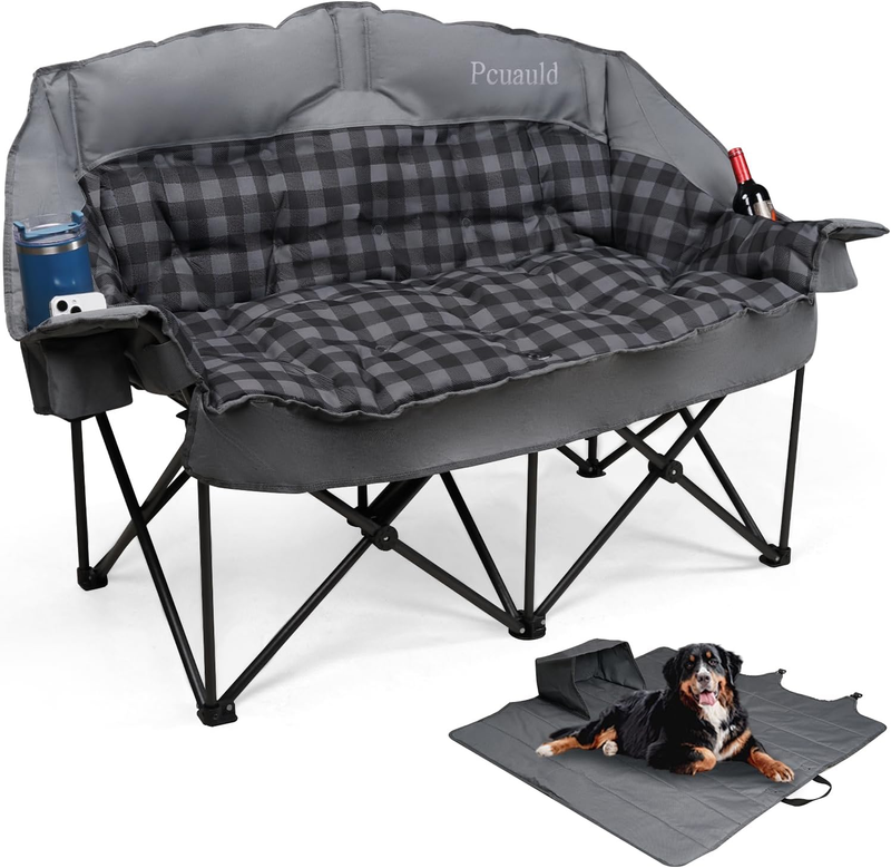 Heavy Duty Double Camping Chair Loveseat Folding Sofa w/ Cup Holders Gray9