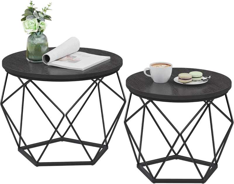 Small Round Coffee Table Set of 2 Steel Frame Side End Tables Gray Black9