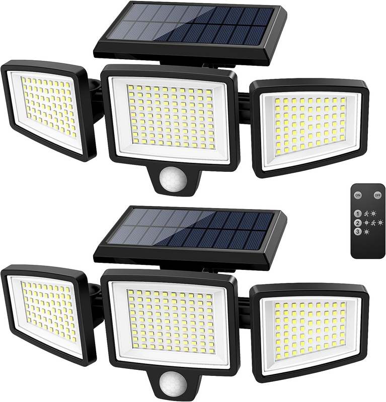 2500LM Solar Outdoor Lights with Remote, 3 Head Motion Sensor, 2 Packs10