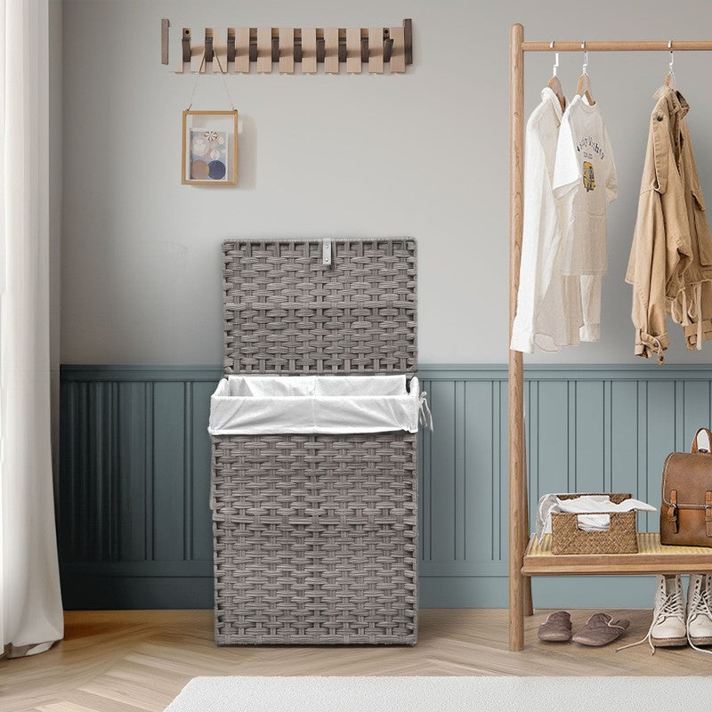 90L Handwoven PP Rattan Laundry Basket Gray w/ Lid, Foldable, Removable Liner1
