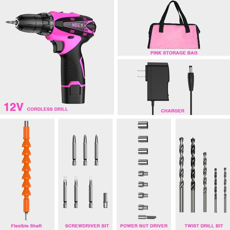 Pink 12V Cordless Drill Set Electric Screwdriver 1 Battery & Charger w/ Bag1