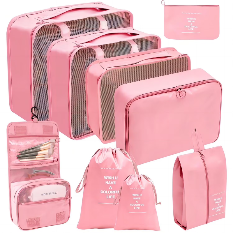 Packing Cubes 9 Set Travel Organizers Clothes Shoes Toiletry Bag Pink11
