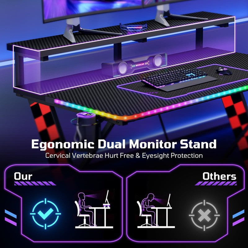43" X-Shaped Gaming Desk Music Sync LED with Monitor Stand Red Racing5