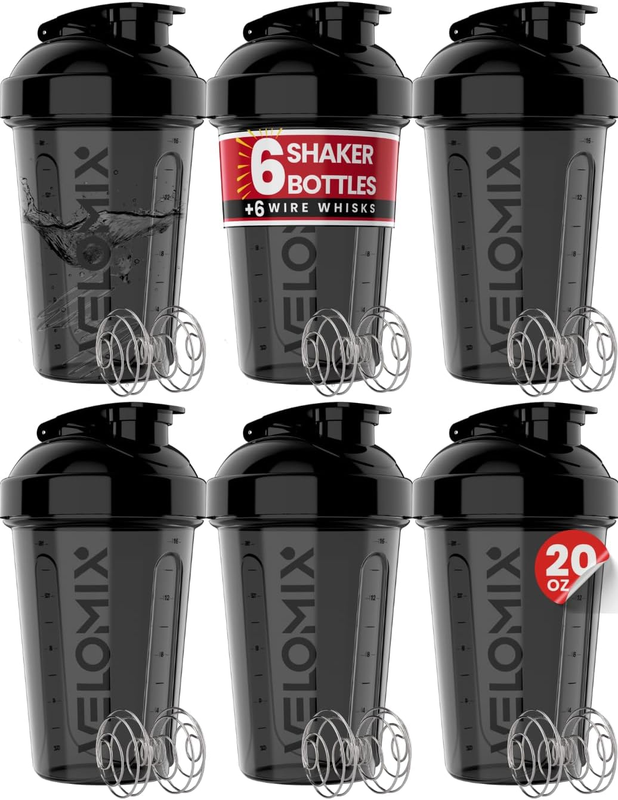  6 PACK  20 Oz Protein Shaker Bottle for Protein Mixes   6X Wire Whisk | Leak Pr8