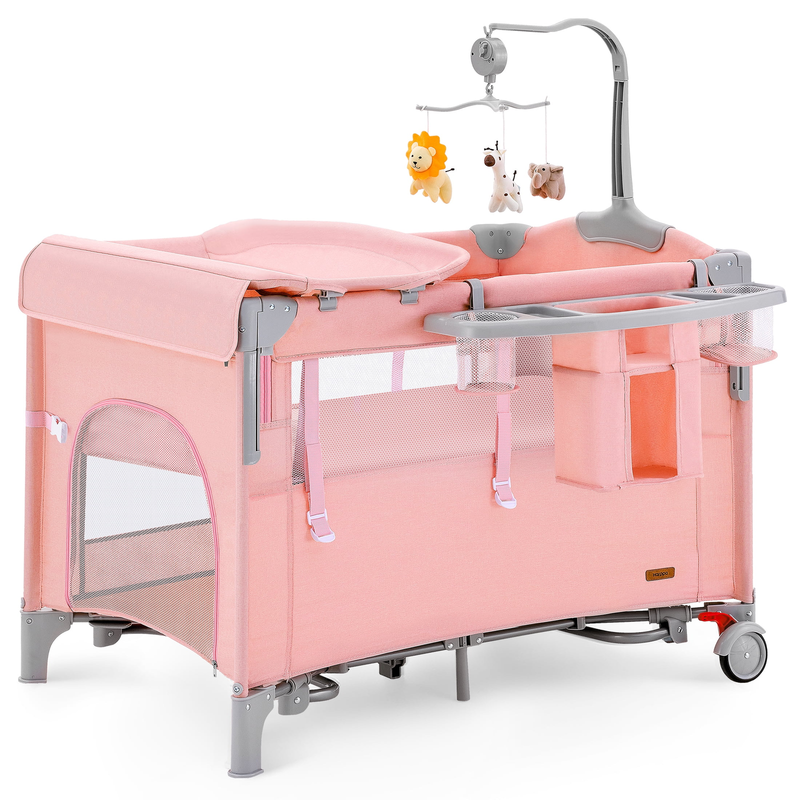 5 in 1 Baby Playard with Bassinet & Changing Table for Newborn, Pink0