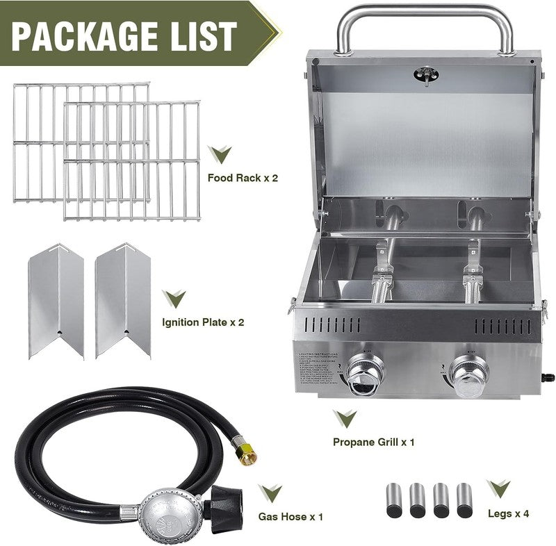 2 Burner Tabletop Gas Grill 20,000 BTU Portable Stainless Steel Propane Grill2