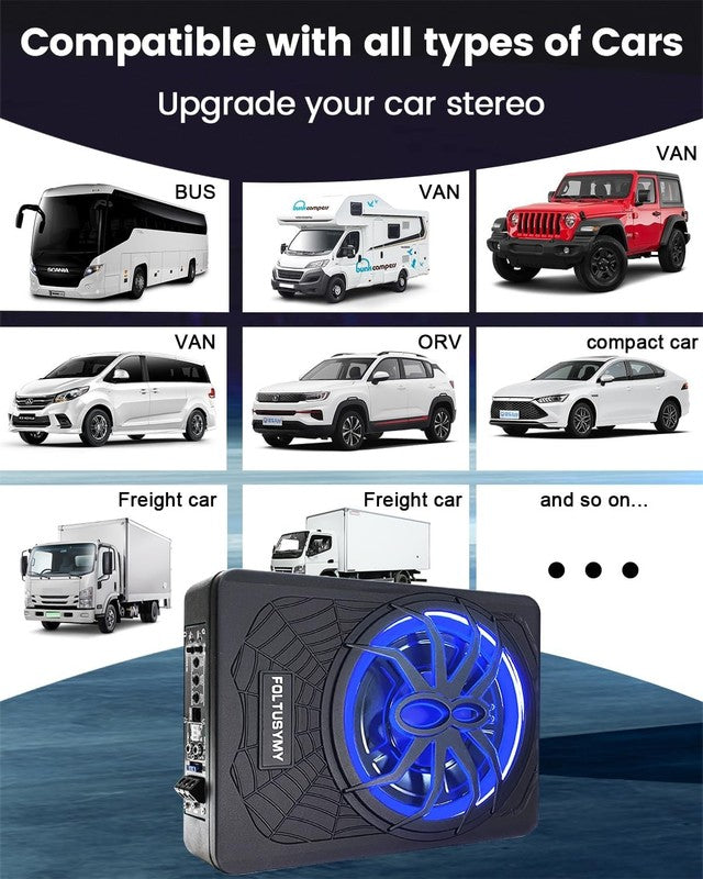 1200W 10" Slim Under Seat Car Subwoofer with Built-In Amplifier & LED Light3