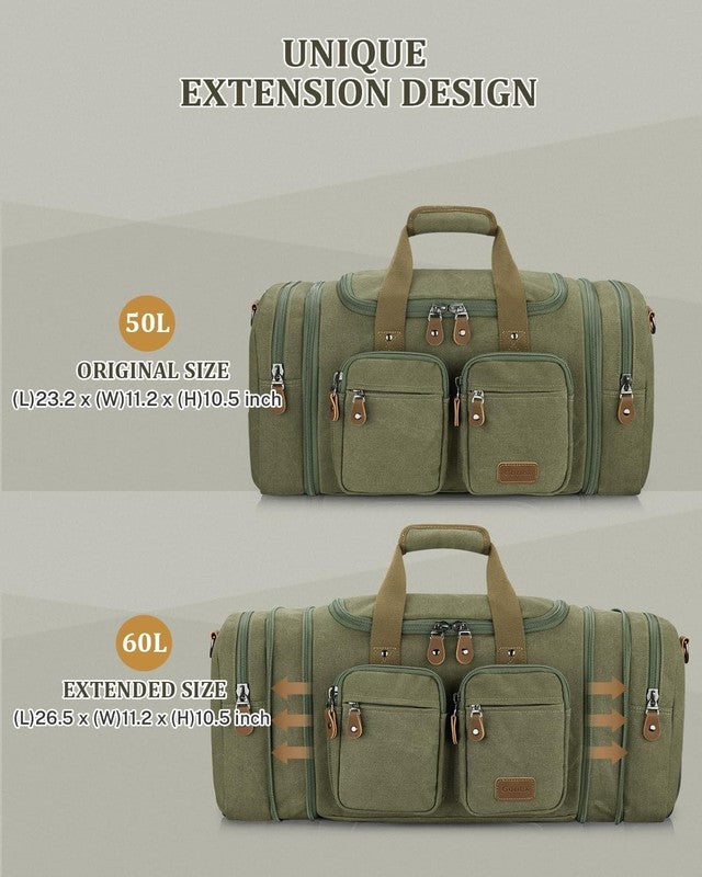 Expandable 60L Canvas Duffle Bag Army Green Travel Gym Weekender Carry On3