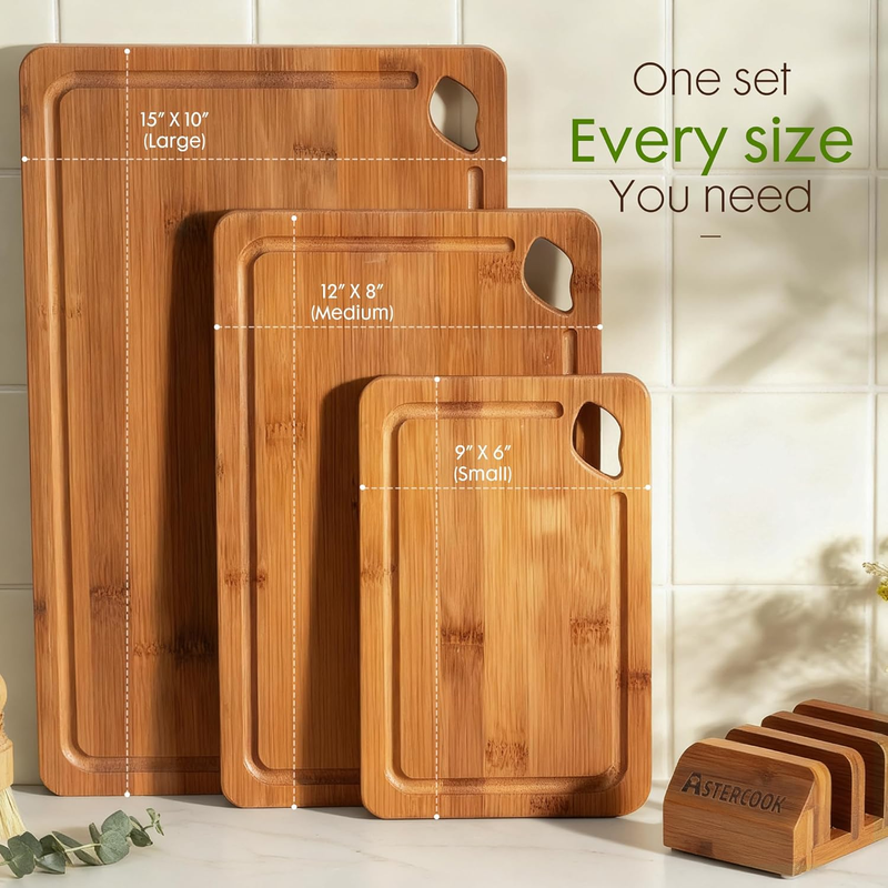 Bamboo Cutting Boards Set with Stand Reversible Juice Groove Handles7