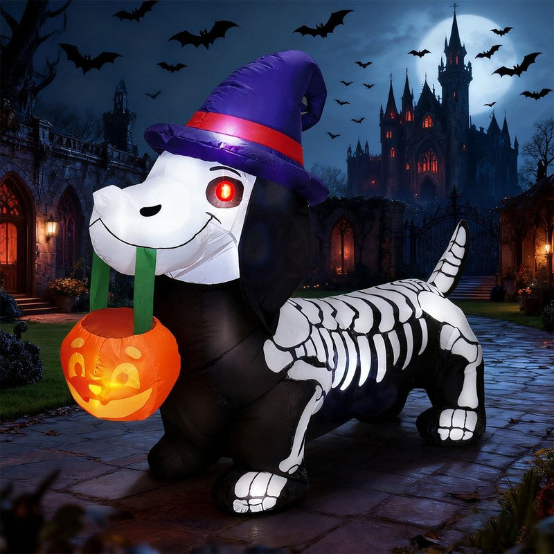5Ft Halloween Inflatable Pumpkin Skeleton Wiener Dog w/ LEDs Yard Decor0