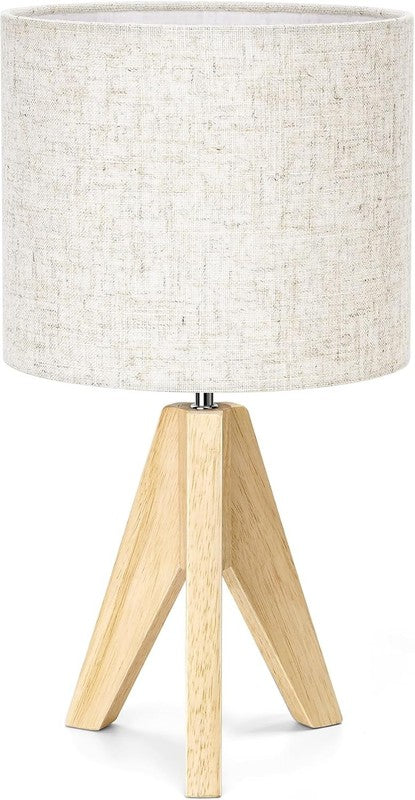 Small Table Lamp Boho Bedside Wood Tripod Linen Shade Nightstand 14.2in7