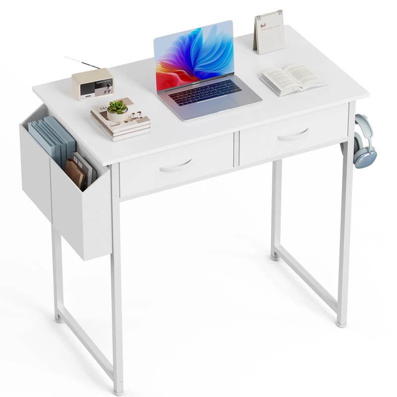 Small Desk with Fabric Drawers & Storage Bag Iron Hook, Home Office Computer Des10