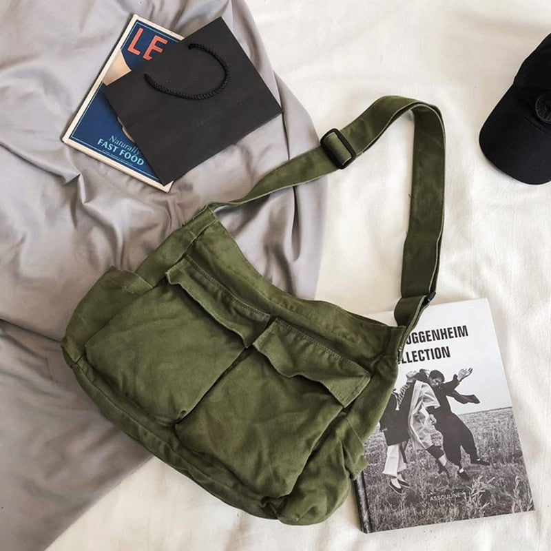 Aesthetic Cute Bag School Vintage Black Canvas Crossbody Laptop Shoulder Bag2
