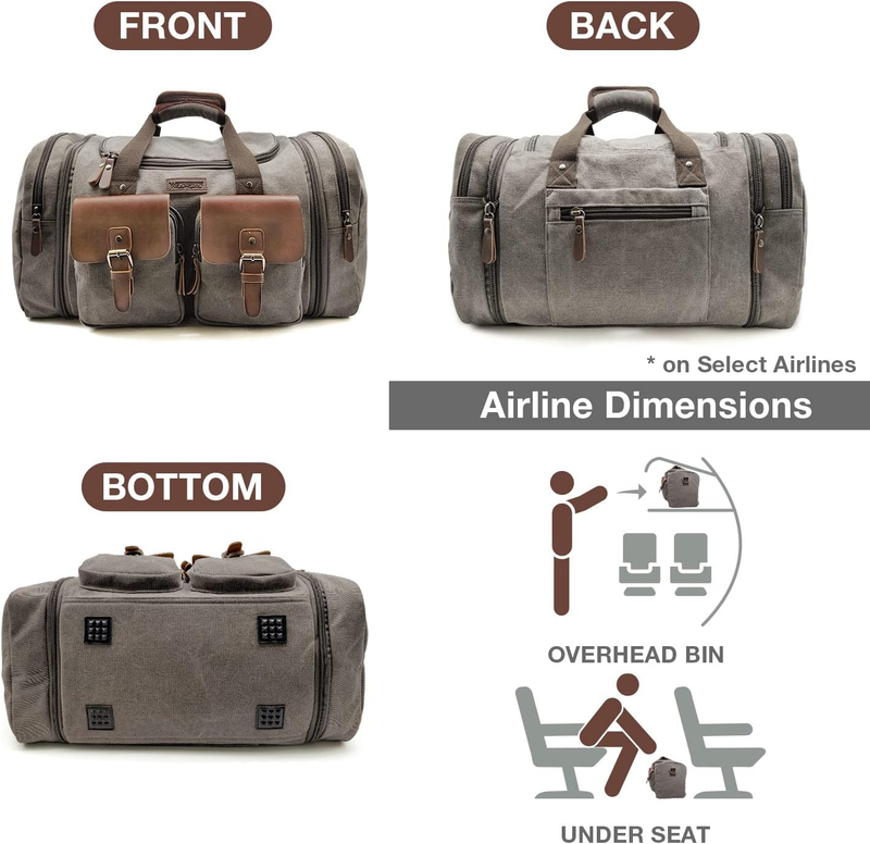 Expandable 50L Travel Duffel Bag Genuine Leather Canvas Weekender Bag4
