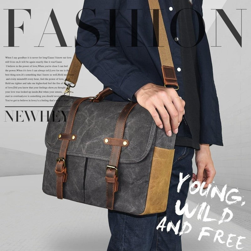 Men's 15.6" Waterproof Leather Canvas Laptop Messenger Bag Grey Satchel4