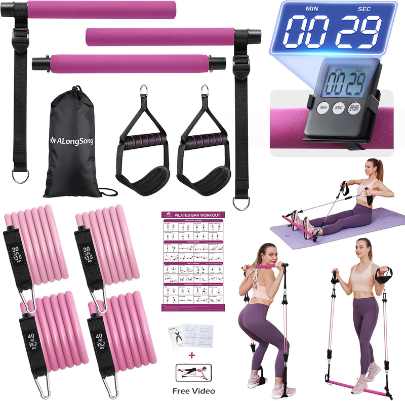 Upgraded Pilates Bar Kit w/ Natural Latex Resistance Bands Full Body Workout10