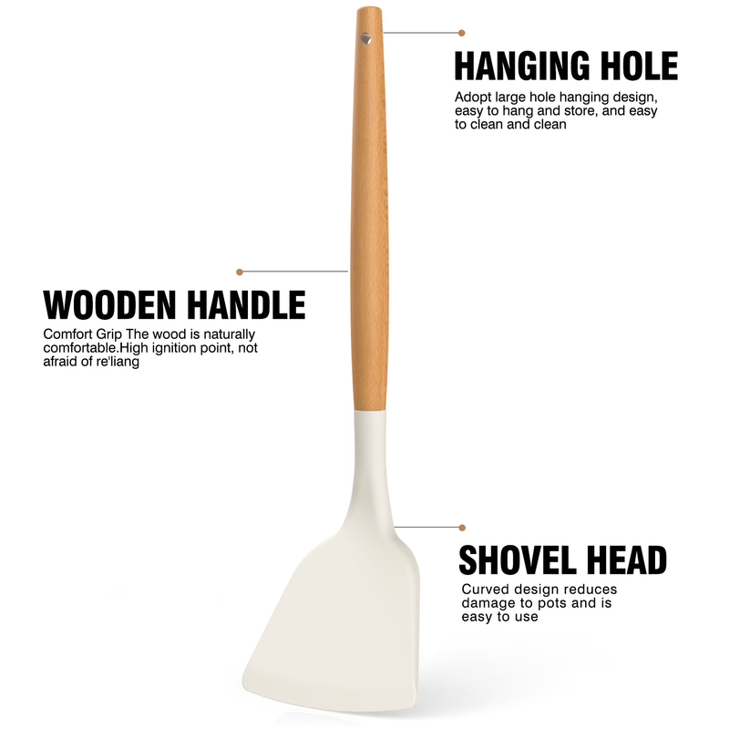 Silicone Kitchen Utensil Set Wooden Handle Holder Heat Resistant Cream White7