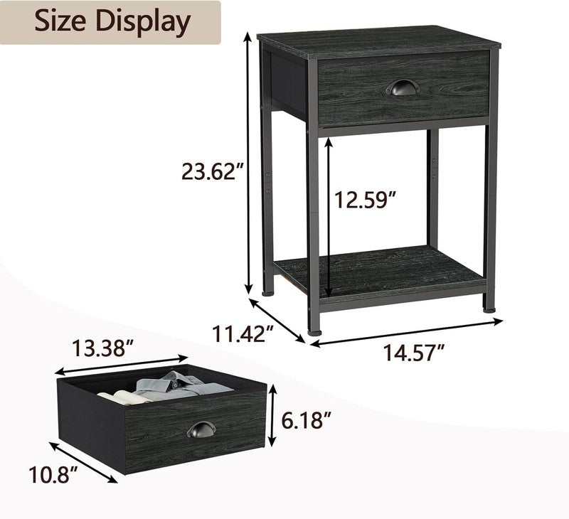 Set of 2 Nightstands Industrial End Tables w/ Fabric Drawer & Storage Black Oak2