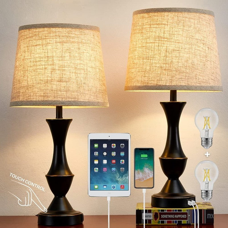 Set of 2 Touch Lamps w/ USB 3 Way Dimmable Nightstand Linen Bedside Lamps6