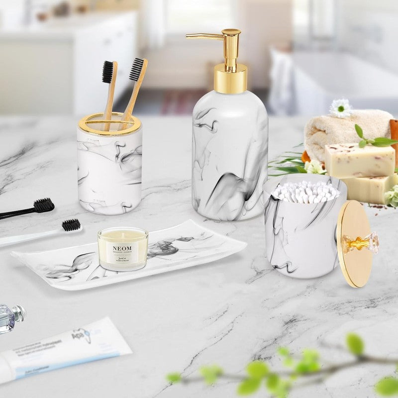 Marble Look Bathroom Accessories Set - 4 Pcs Soap Dispenser & Toothbrush Holder3